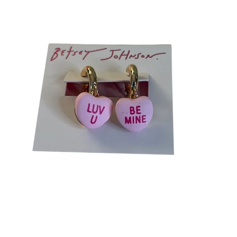 Betsey Johnson Pink Candy Heart Charm Huggie Hoops.